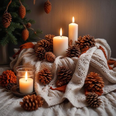 Cozy autumn decoration with candles and pinecones