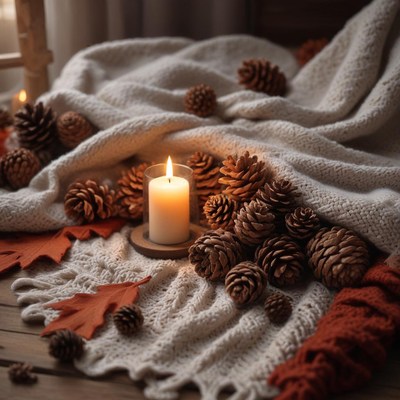 Cozy autumn scene with candle and pine cones on blanket