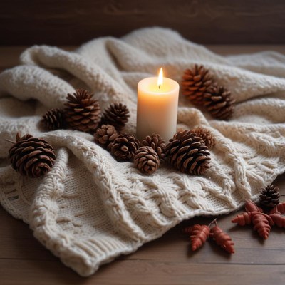 Cozy winter scene with candle and pine cones on blanket
