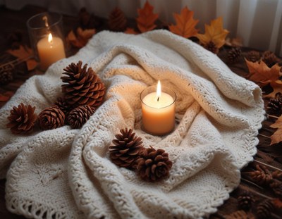 Warm candlelight surrounded by leaves and pinecones
