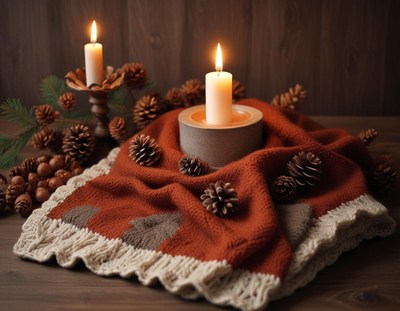 Cozy autumn decor with candles and pine cones