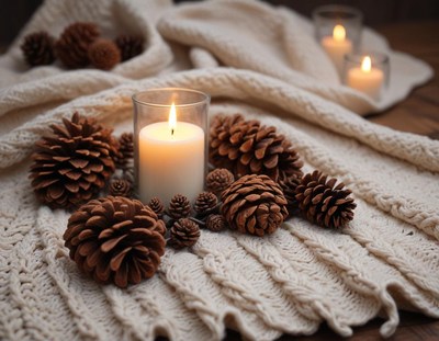 Cozy winter scene with candles and pinecones