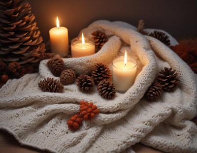 Cozy autumn scene with candles and pine cones