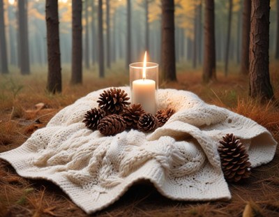 Cozy autumn scene with candle and pinecones in forest