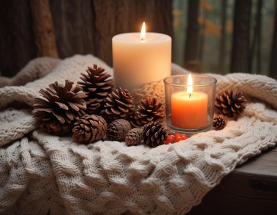 Cozy setting with candles and pinecones in a warm atmosphere