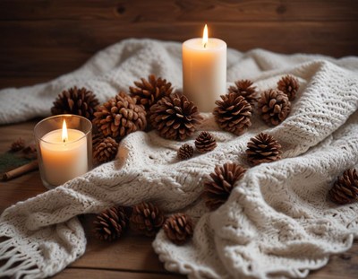Cozy winter decor with candles and pine cones