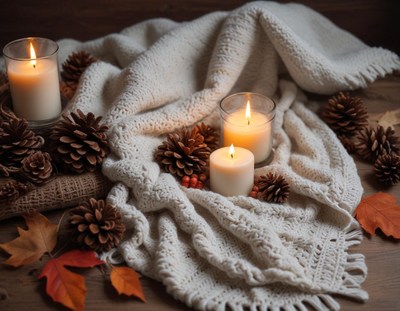 Cozy autumn setting with candles and pine cones