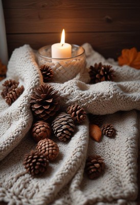 Cozy autumn scene with candles and pinecones