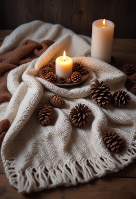 Cozy autumn scene with candles and pine cones