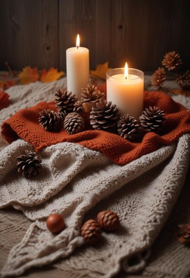 Cozy autumn decor with candles and pine cones