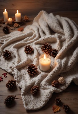 Cozy autumn setting with candles and pinecones on blanket