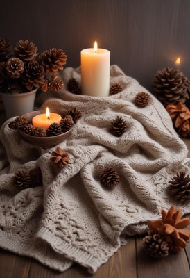 Warm autumn setting with candles and pinecones on fabric