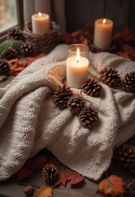 Cozy autumn setup with candles and pinecones on blanket