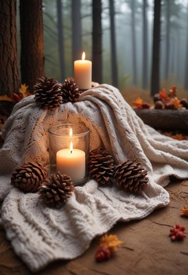 Cozy Candles and Pine Cones on Blanket