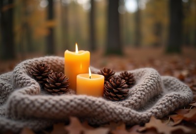 Cozy autumn scene with candles and pinecones in the forest