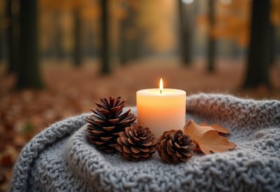 Cozy autumn scene with candle and pine cones in forest