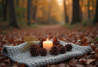 Cozy autumn scene with candle and pinecones in the forest
