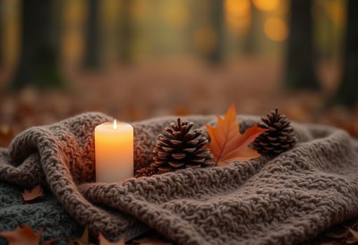 Cozy autumn scene with candle and pine cones in forest
