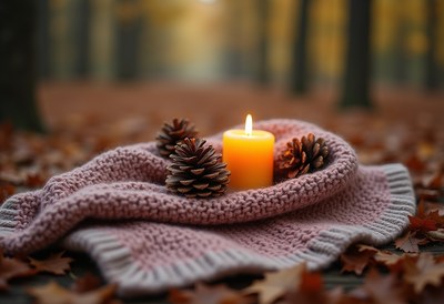 Cozy autumn setup with candle and pinecones in forest