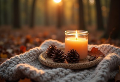 Cozy autumn setting with candle and pine cones