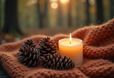 Cozy autumn scene with candle and pinecones in forest