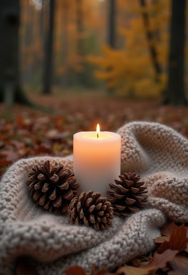 Cozy candle surrounded by pine cones in autumn forest