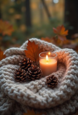 Cozy autumn scene with candle and pinecones
