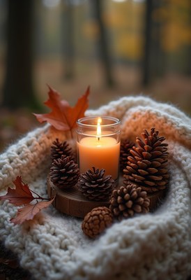 Cozy autumn setting with candle and pinecones in forest