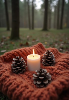 Cozy candle and pinecones in a misty forest setting