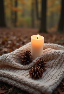 Cozy candle with pinecones on blanket in autumn forest