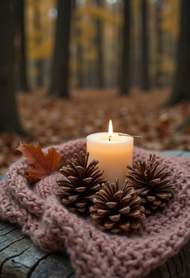 Cozy autumn candle display in a forest setting