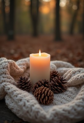 Candle on a warm blanket surrounded by pinecones in autumn