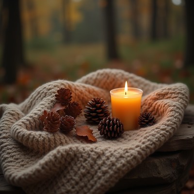 Cozy autumn scene with candle and pine cones in nature