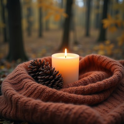 Cozy autumn scene with candle and pinecones in forest