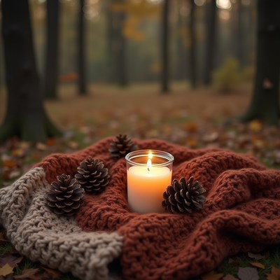Cozy autumn scene with candle and pine cones