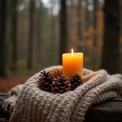 Cozy candle and pinecones in a serene forest setting
