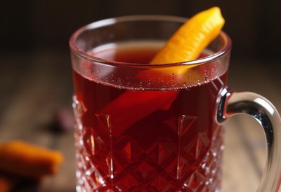 Warm beverage with orange slice in crystal mug
