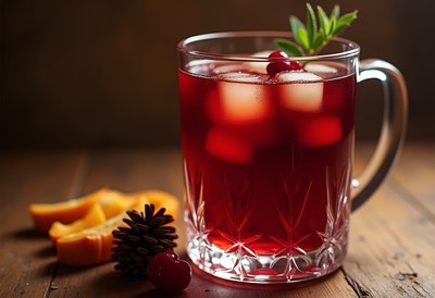 Refreshing red drink garnished with mint and orange slices