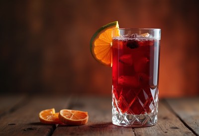 Refreshing drink with orange slice on wooden table