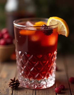 Refreshing winter drink with citrus and spices in a glass