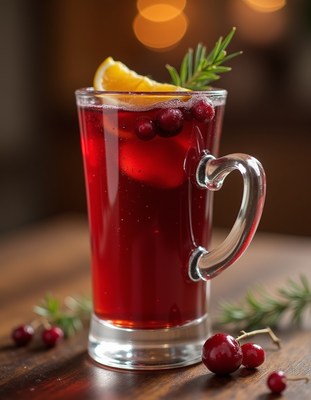 Warm berry drink served with orange and rosemary garnish