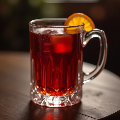 Red drink in a clear mug with a citrus slice