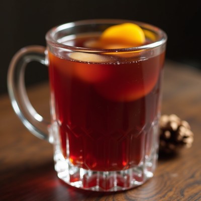 Warm drink with citrus in a glass mug on wooden table