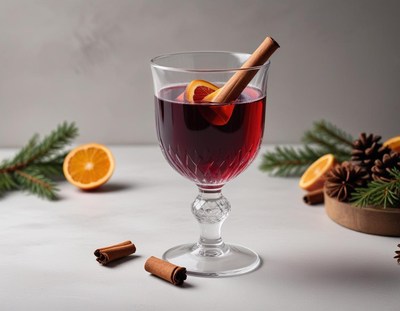 Festive drink with cinnamon and orange garnishes in winter
