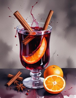 Warm spiced beverage with orange and cinnamon sticks