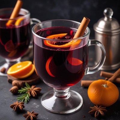 Warm spiced drink with orange and cinnamon garnishes