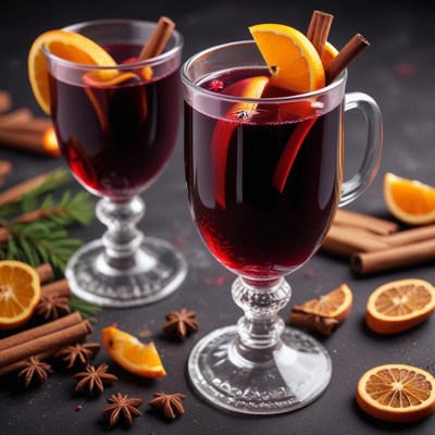 Warm spiced drink with orange slices and cinnamon sticks