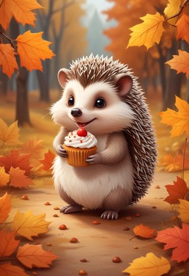 Hedgehog enjoys a cupcake in autumn forest setting