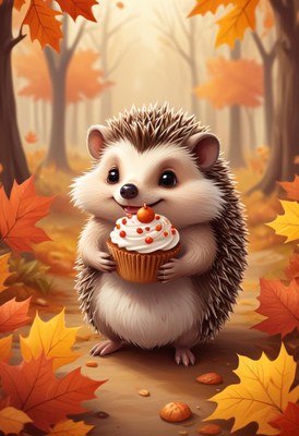 Hedgehog enjoying a cupcake in a fall forest