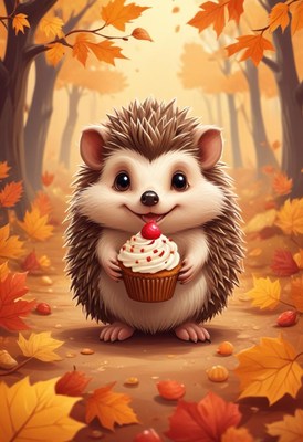 Cute hedgehog holding a cupcake in a fall forest